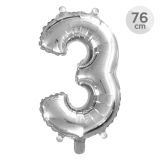 Balón narozeninový 76 cm - číslo 3, stříbrný