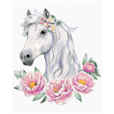 Diamantové malování (bez rámu) - Bílý kůň s pivoňkami
