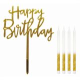 Svíčka dortová, třpytivá 9,5 cm (4 ks) + zlatá ozdoba „Happy Birthday“ Svíčka dortová, třpytivá 9,5 cm (4 ks) + zlatá ozdoba „Happy Birthday“
