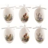 Velikonoční vejce plastová se zajíčky 6 cm na zavěšení, 6 ks v sáčku