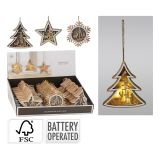 Závěsná dekorace - vánoční motivy s LED světýlky na dřevěném podstavci, 12 cm, mix /1ks
