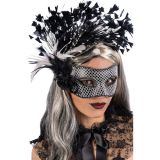 Carnival Toys Luxusní černo-stříbrná maska s ozdobami a peříčky