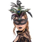 Carnival Toys Škraboška s černými kamínky, třpytivým dekorem a pavími peřím