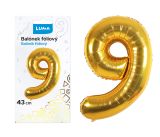 Balónek fóliový  č. 9  ZLATÝ 43cm LUMA