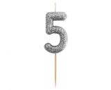Dortová svíčka č. 5 stříbrná bio brokát - pikery Dortová svíčka č. 5 stříbrná bio brokát - pikery