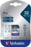 Paměťová karta PRO, SDHC, 32GB, CL10/U3, 90/45MB/sec, VERBATIM