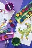 Vodové barvy Dinosaurus, žlutá - zelená, 12 barev, 1x bílá temperová barva + nálepky,  FABER-CASTE