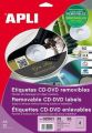 Etikety na CD/DVD, matné, A4, snímatelné, APLI ,balení 25 ks