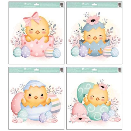 Adhezní nálepky s glitry Kuřátka ve vajíčku 30 × 33,5 cm (mix /cena 1ks)