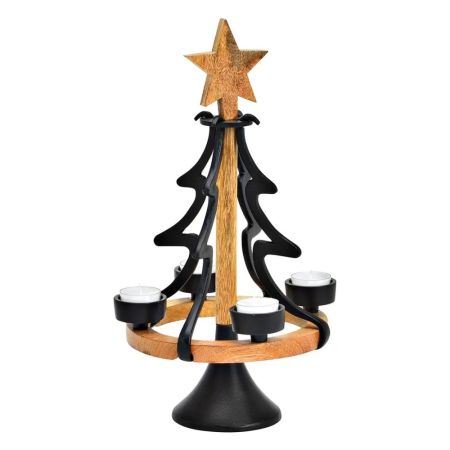 Adventní svícen z kovu a mangového dřeva 38 cm - vánoční stromek s hvězdou