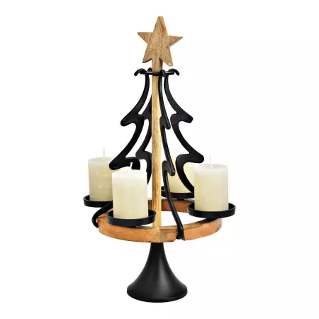 Adventní svícen z kovu a mangového dřeva 58 cm - vánoční stromek s hvězdou