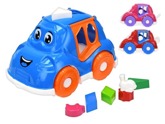 Auto/vkládačka 25,5cm 2v1 geometrické tvary a zvířátka 2barvy 12m+ v síťce
