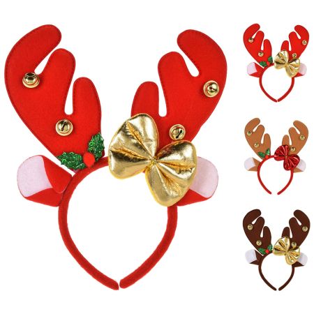 Čelenka - vánoční sob s parohy zdobenými rolničkami a mašlí (mix 3 barev)