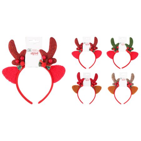 Čelenka - vánoční sob s parohy zdobenými rolničkami a mašlí (mix 4 barev)