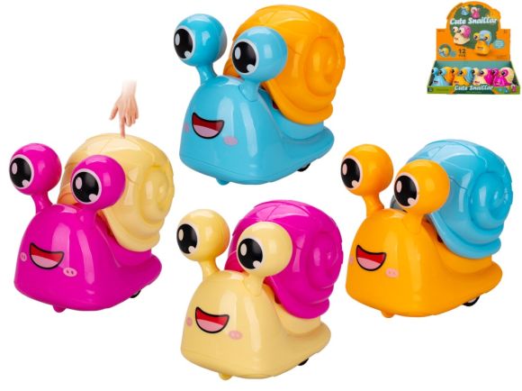 Hlemýžď 9cm po stlačení jezdící 4barvy 12ks v DBX