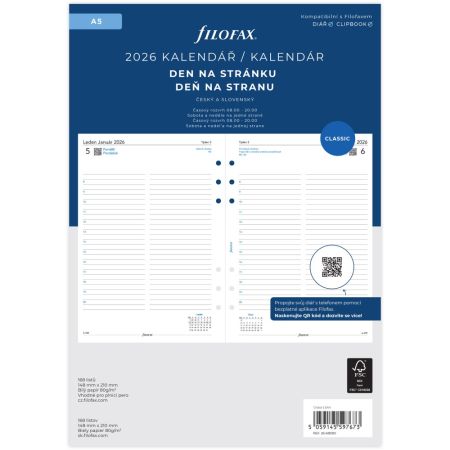 Kalendář 2026 Filofax osobní A5 týden /1 strana /ČJ+SJ /linkový