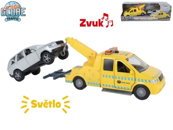 Kids Globe Traffic odtahovka 14cm kov zpětný chod na baterie světlo+zvuk s autem 11,5cm v