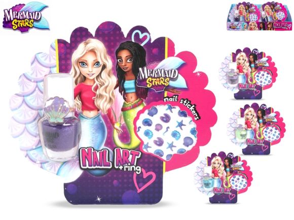 Mermaid Stars sada - lak na nehty 5ml,prstýnek,nálepky na nehty 4barvy na kartě 16ks v PDQ Mermaid Stars sada - lak na nehty 5ml,prstýnek,nálepky na nehty 4barvy na kartě 16ks v PDQ