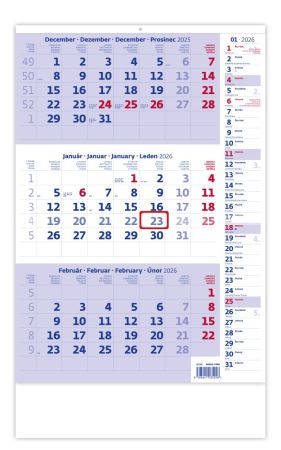 Nástěnný kalendář 2026 - tříměsíční modrý s poznámkami