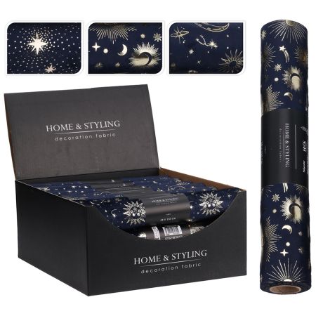 Organza látková 28x150 cm - modrá, potisk ve zlaté barvě (mix 3 motivů)