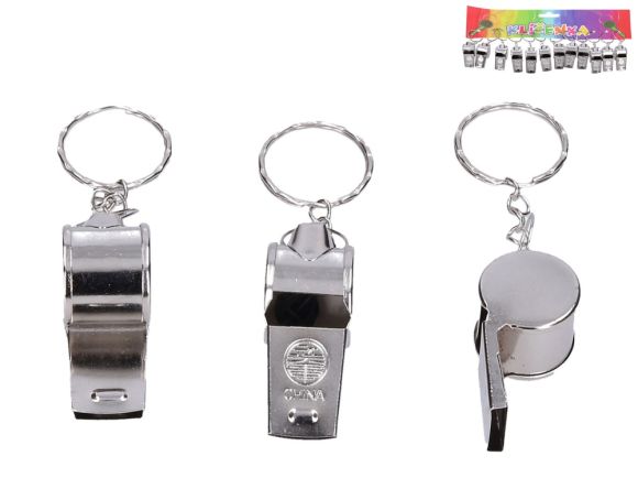 Píšťalka přívěsek na klíče 4,5cm kov 12ks na kartě