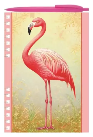 Psací sada: blok A5 s kroužkovou vazbou + kuličkové pero - Plameňák Psací sada: blok A5 s kroužkovou vazbou + kuličkové pero - Plameňák