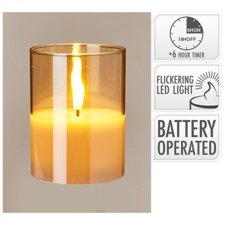 Skleněná LED svíčka s časovačem 10 cm, uvnitř vosk, realistický plamen, jantarová barva. b