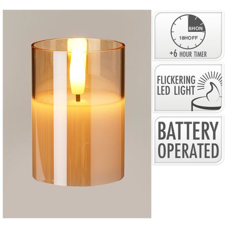 Skleněná LED svíčka s časovačem 7 cm, vosk uvnitř, realistický plamen, jantarová barva