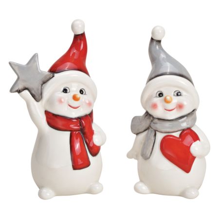 Soška sněhuláka s hvězdou / srdcem 9x7x18 cm, keramika (mix 2 designů /cena za 1 ks)