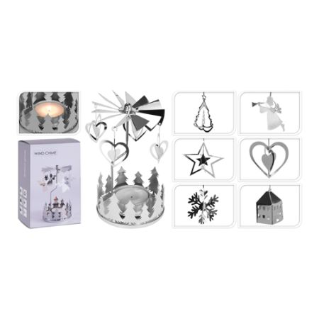 Svícen kovový - kolotoč / stříbrný 14 cm, mix / 1ks