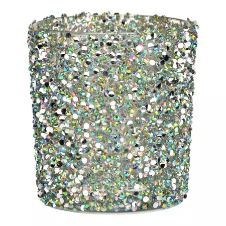 Svícen skleněný, vícebarevné třpytky 9 cm