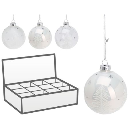 Vánoční skleněná koule 80 mm bílá, dekorace třpytivý stromeček (3 vzory) cena za 1 ks Vánoční skleněná koule 80 mm bílá, dekorace třpytivý stromeček (3 vzory) cena za 1 ks