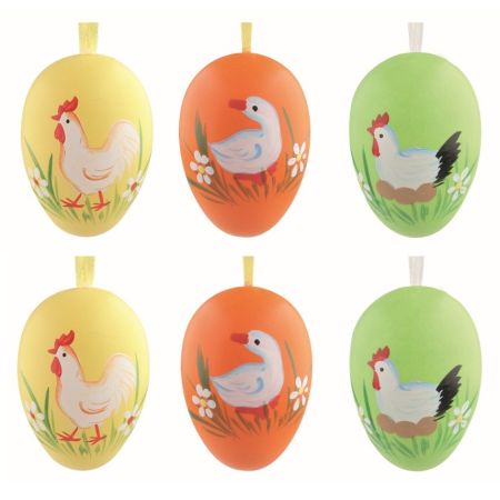 Velikonoční vejce plastová barevná malovaná 6 cm na zavěšení, 6 ks v sáčku