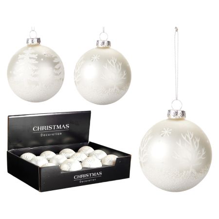 Vianočná guľa sklenená 8 cm biela s ornamentami /1ks