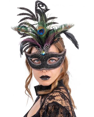 Carnival Toys Škraboška s černými kamínky, třpytivým dekorem a pavími peřím