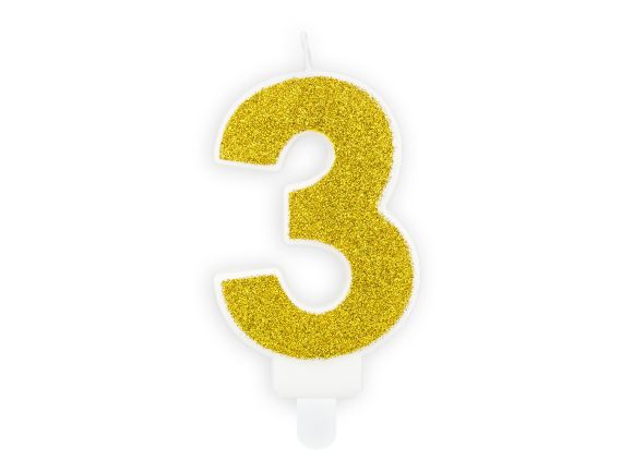 PARTYDECO Narozeninová zlatá glitrová svíčka číslo 3