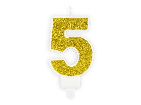 PARTYDECO Narozeninová zlatá glitrová svíčka číslo 5