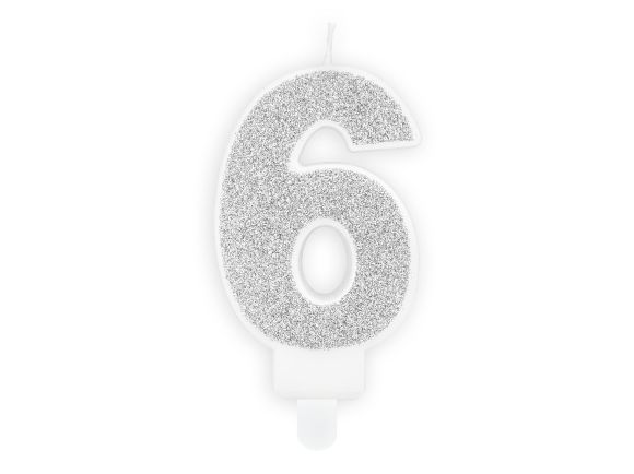 PARTYDECO Narozeninová stříbrná glitrová svíčka číslo 6