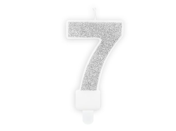 PARTYDECO Narozeninová stříbrná glitrová svíčka číslo 7