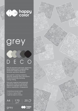 Blok dekoračních papírů Grey A4, 170 g / m2, 20 listů, 5 odstínů, stupnice šedé, Happy Color