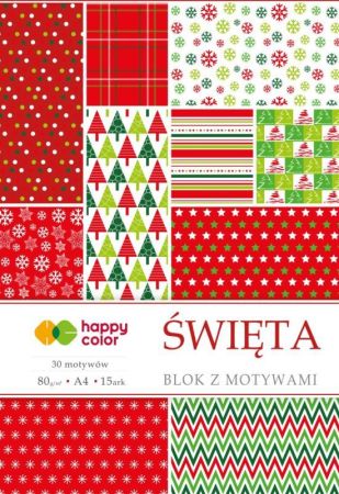 Bloky dekoračních papírů motivy CHRISTMAS, A4, 80gsm, 15 listů, 30 motivů Happy Color