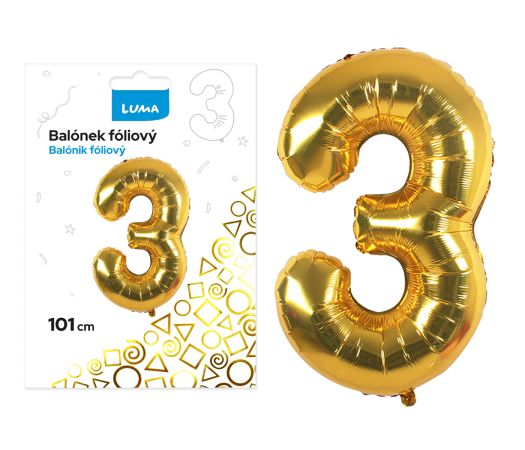 Balónek fóliový č. 3 ZLATÝ 101cm LUMA Balónek fóliový č. 3 ZLATÝ 101cm LUMA