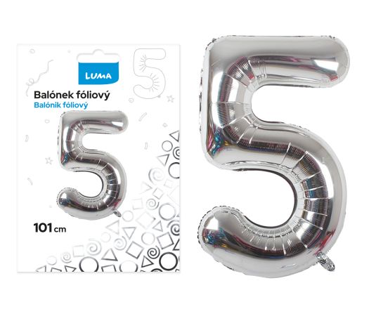 Balónek fóliový č. 5 STŘÍBRNÝ 101cm LUMA Balónek fóliový č. 5 STŘÍBRNÝ 101cm LUMA