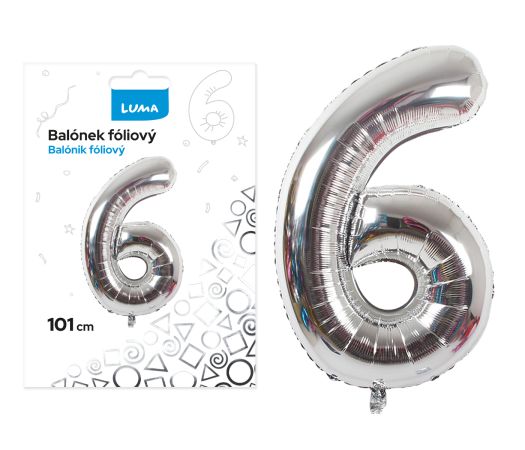 Balónek fóliový č. 6 STŘÍBRNÝ 101cm LUMA Balónek fóliový č. 6 STŘÍBRNÝ 101cm LUMA
