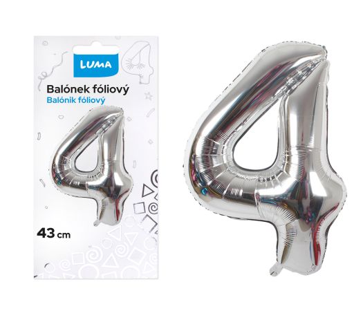 Balónek fóliový č. 4 STŘÍBRNÝ 43cm LUMA Balónek fóliový č. 4 STŘÍBRNÝ 43cm LUMA