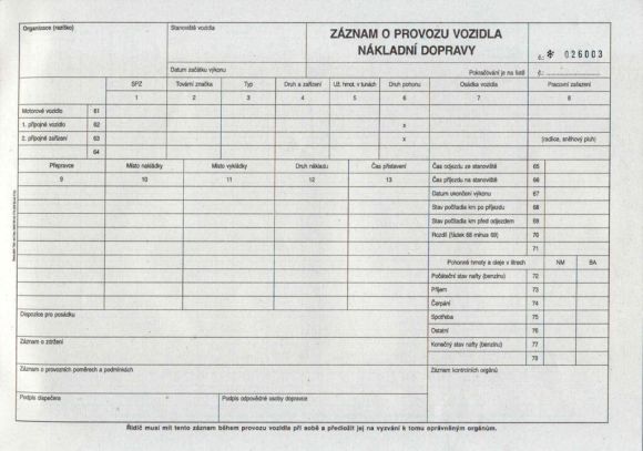 Záznam o prov.vozidel ND čís.A4, 50l /ET212/