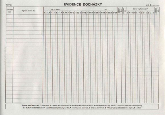 Evidence docházky  A4, 10l /ET407/