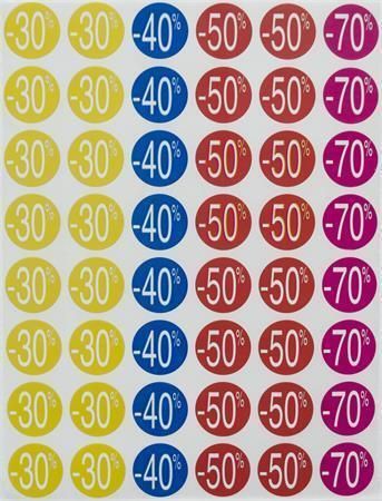 Slevové etikety, barevné, -20 až -50 %, kruhové, průměr 24 mm, 240 etiket/balení, APLI 101373 ,balení 5 ks