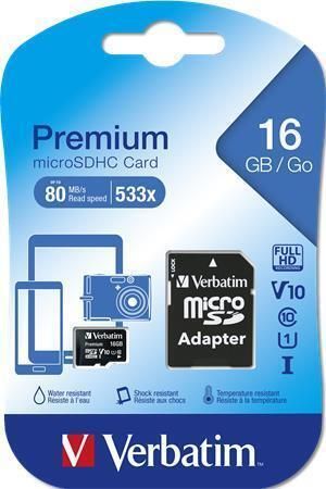 Paměťová karta Premium, microSDHC, 16GB, CL10/U1, 45/10 MB/s, adaptér, VERBATIM