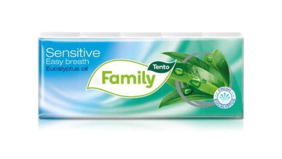 Papírové kapesníky Sensitive Easy Breath, eukalyptový olej, 3 vrstvé, 10x10 ks, TENTO ,balení 100 ks